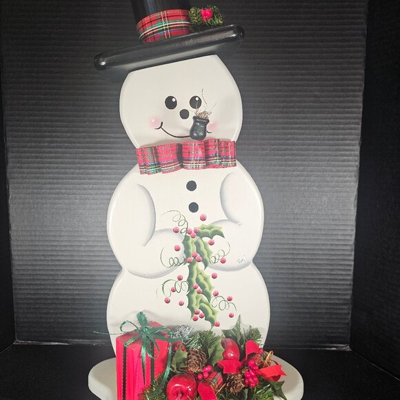 Gorgeous 21" Tall Handmade And Tole Painted Jolly Wood Snowman With Presents - Picture 1 of 12